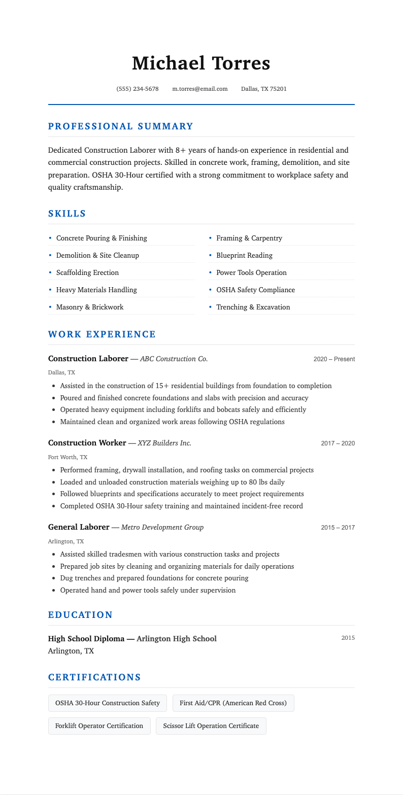 Classic professional construction laborer resume